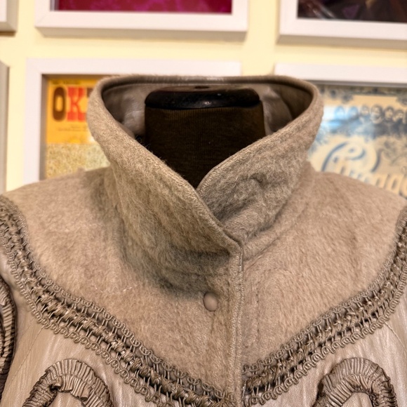 Vintage 80s Statement Taupe Wool & Leather Maxi Coat w/ Ornate Braided Trim - Picture 4 of 16